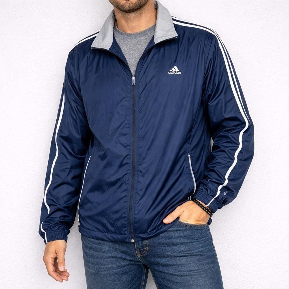 Adidas Windbreaker Jacket Mens XL Navy Blue Full Zip‎ Mesh Lined 3-Stripe AGC002